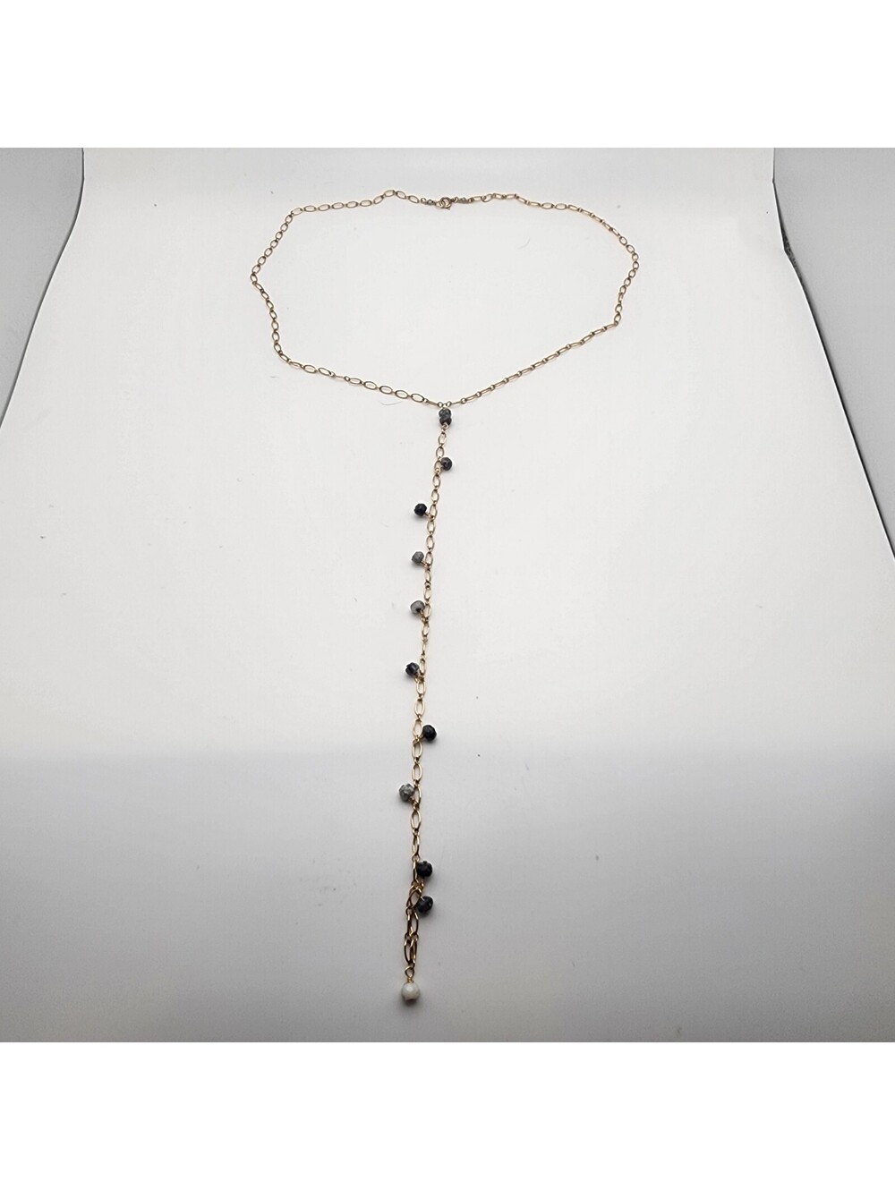Delicate 14 Karat Gold Filled Y-Drop Necklace with Dendritic Agate Faceted Beads